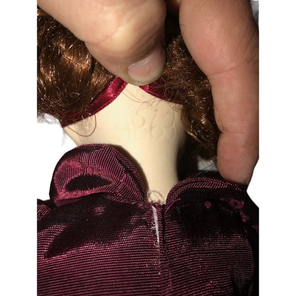 Cute Bright Eyed Brunette Porcelain Doll (Sitting Position) - Burgundy Dress - Picture 5 of 6